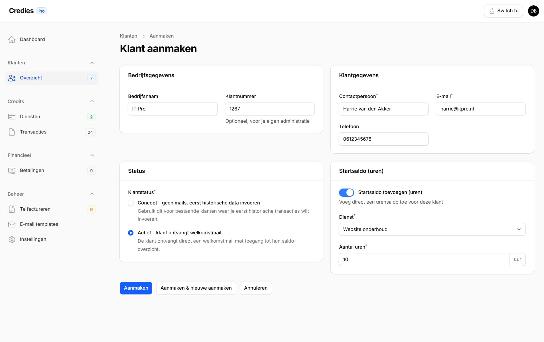 Screenshot van Credies dashboard met formulier om nieuwe klant aan te maken met velden voor naam, email en telefoonnummer